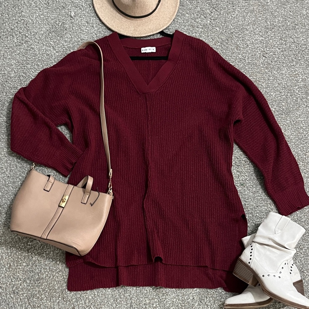 Ava & Viv Burgundy V-Neck Sweater